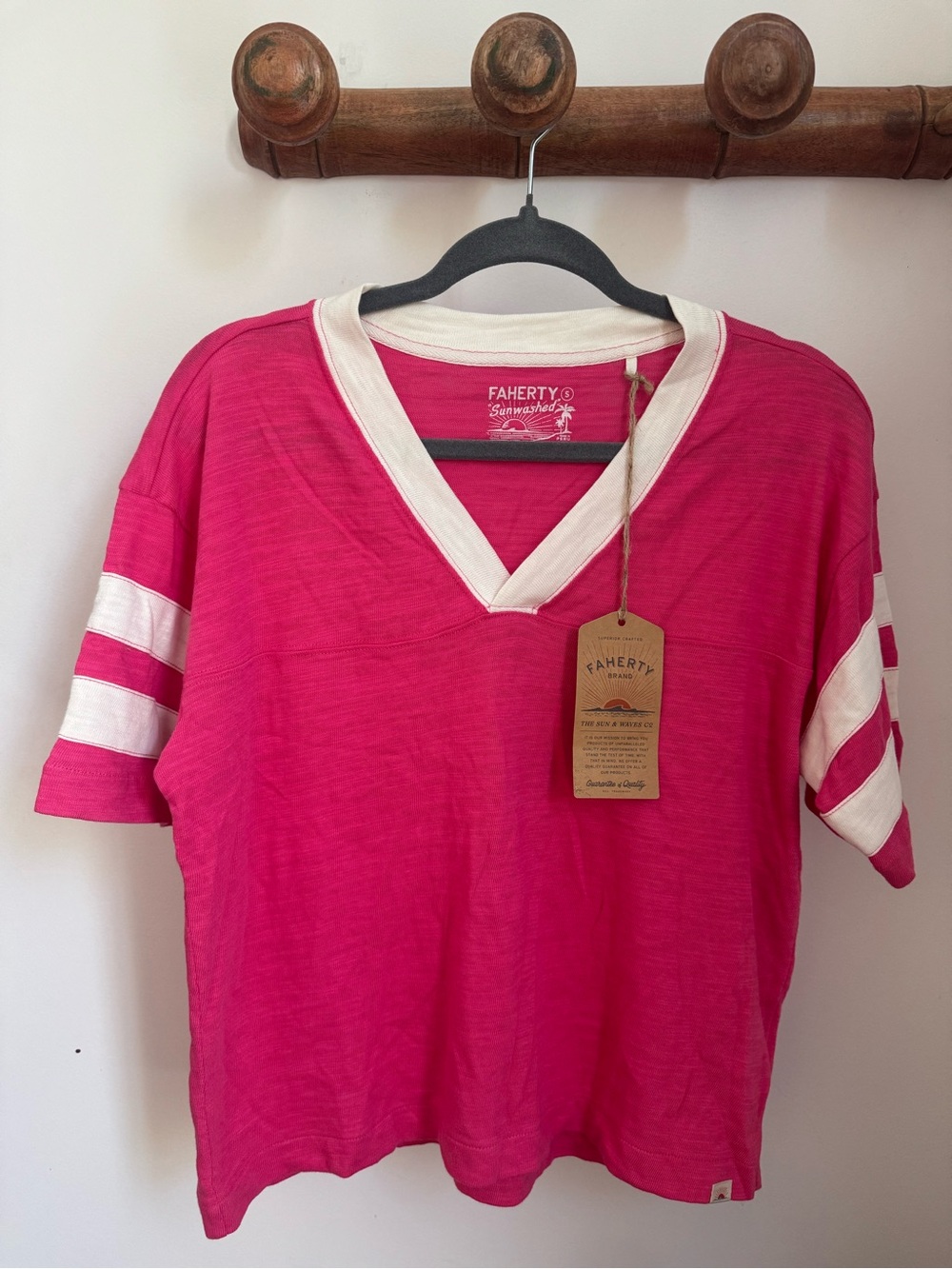 Faherty Pink V-Neck Stripe Sleeve top